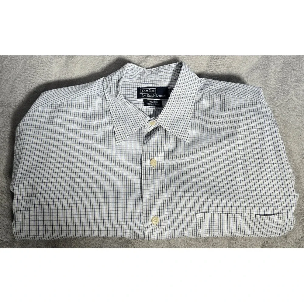 Polo Ralph Lauren Mens‎ Andrew Shirt 17.5 34/35 Blue White Grid Check Cotton L/S